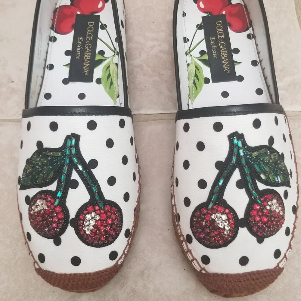 RARE EXCLUSIVE DOLCE & GABBANA CHERRY POLKA DOT EMBELLISHED ESPADRILLES FLATS